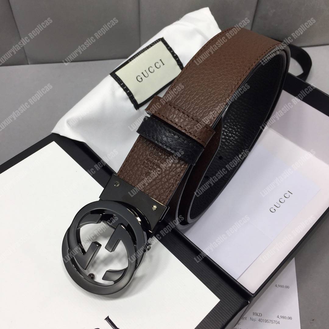 G*u*i leather belt with interlocking g buckle brown