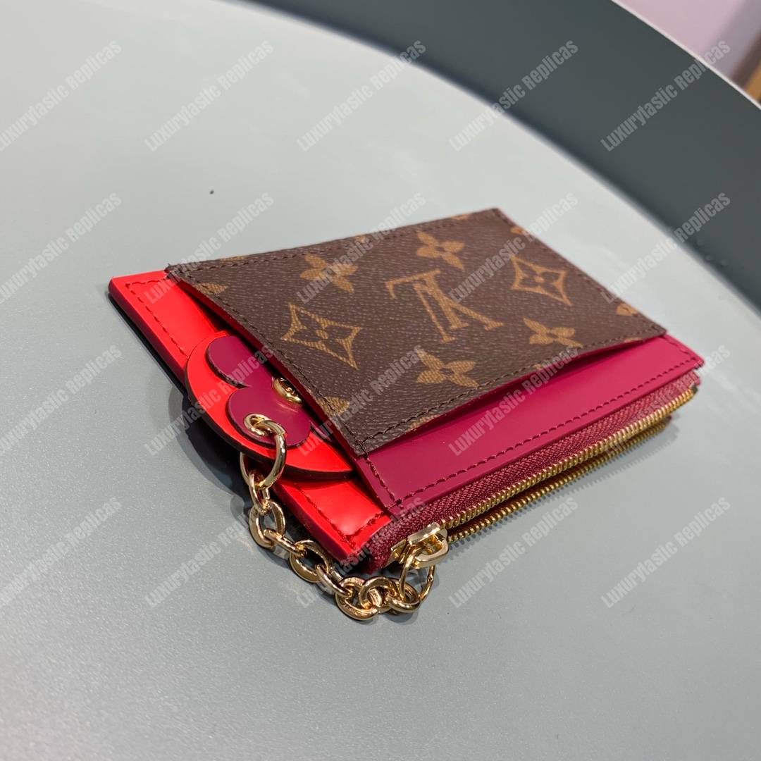 LV Zipped Card Holder Monogram canvas with colorful grained-leather trim Rose Ballerine Red