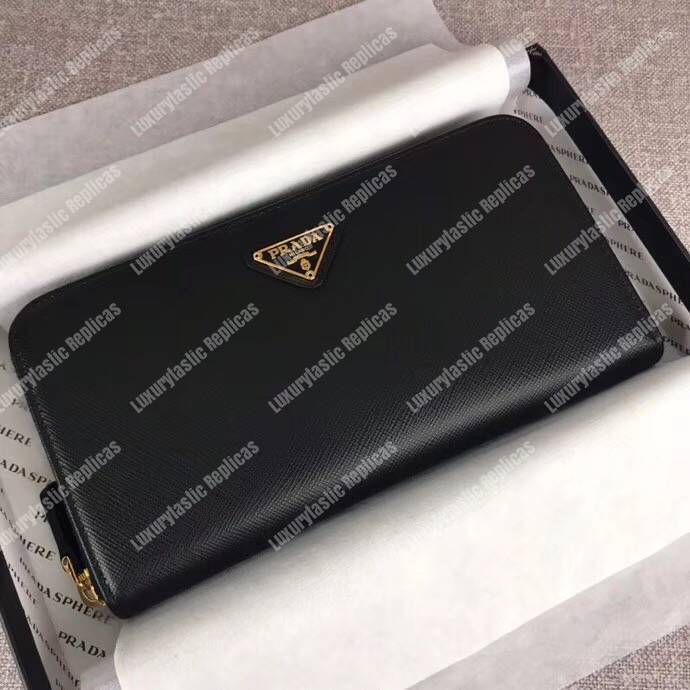 Pra*a large saffiano leather wallet black gold hardware