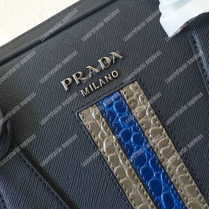 Pra*a saffiano leather work bag navy blue dark blue/grey crocodile insert