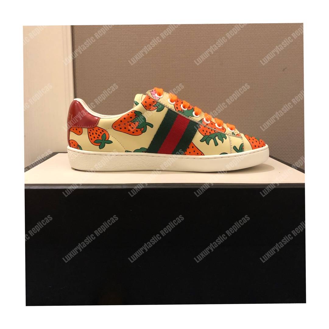 G*u*i ace sneaker with G*u*i strawberry print
