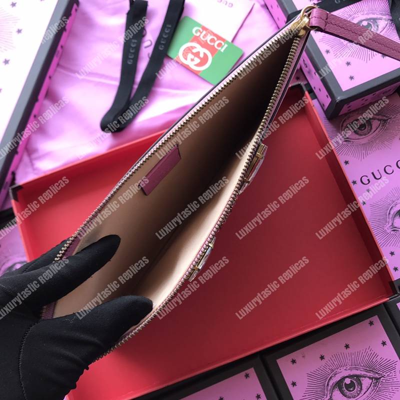 G*u*i leather pouch with double g and crystals pink