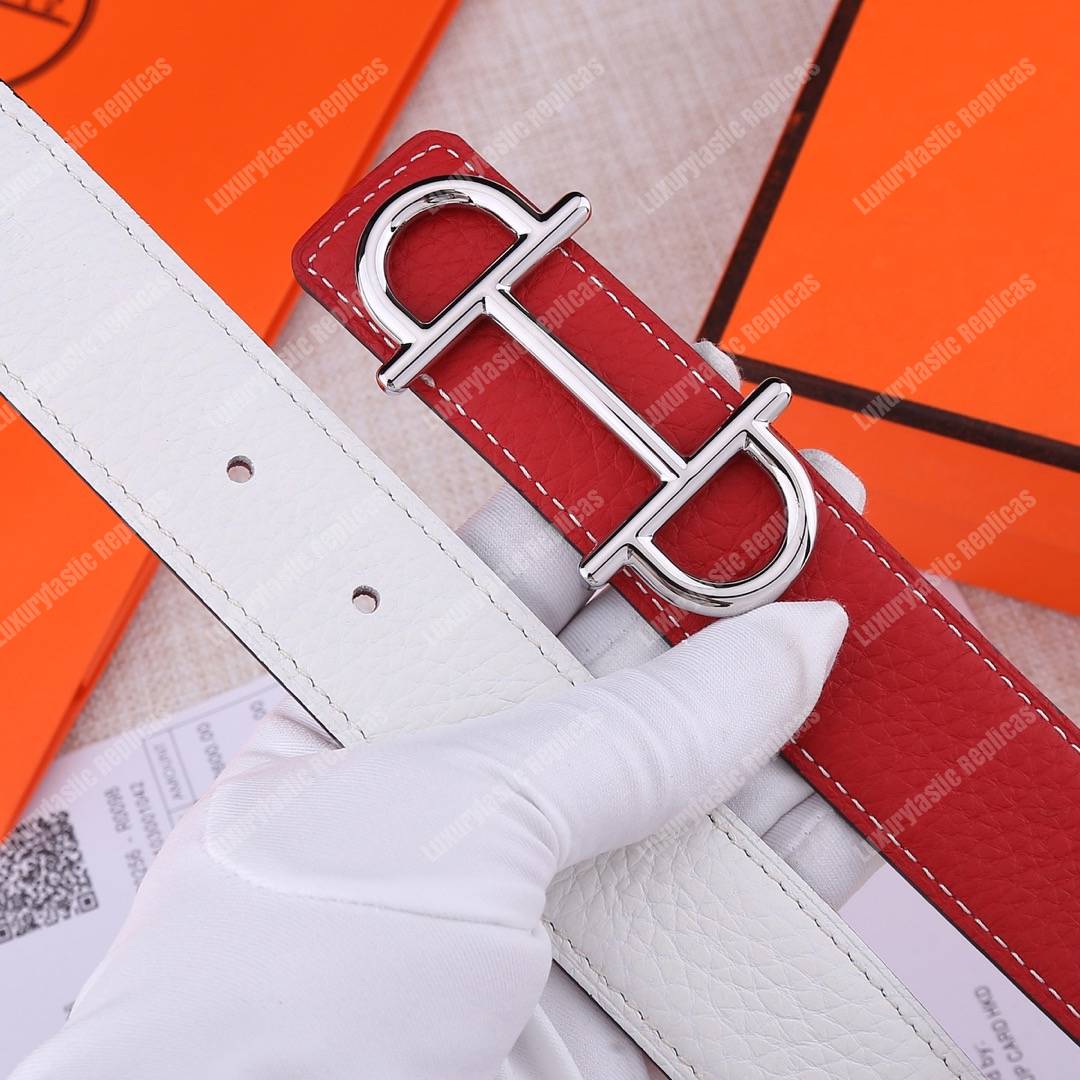 H**mes gamma belt buckle sellier reversible leather strap red / white replica