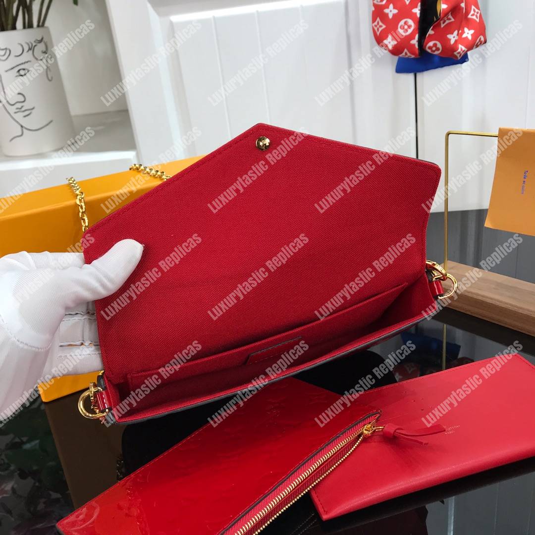 LV Pochette Felicie Monogram Vernis Leather Cerise