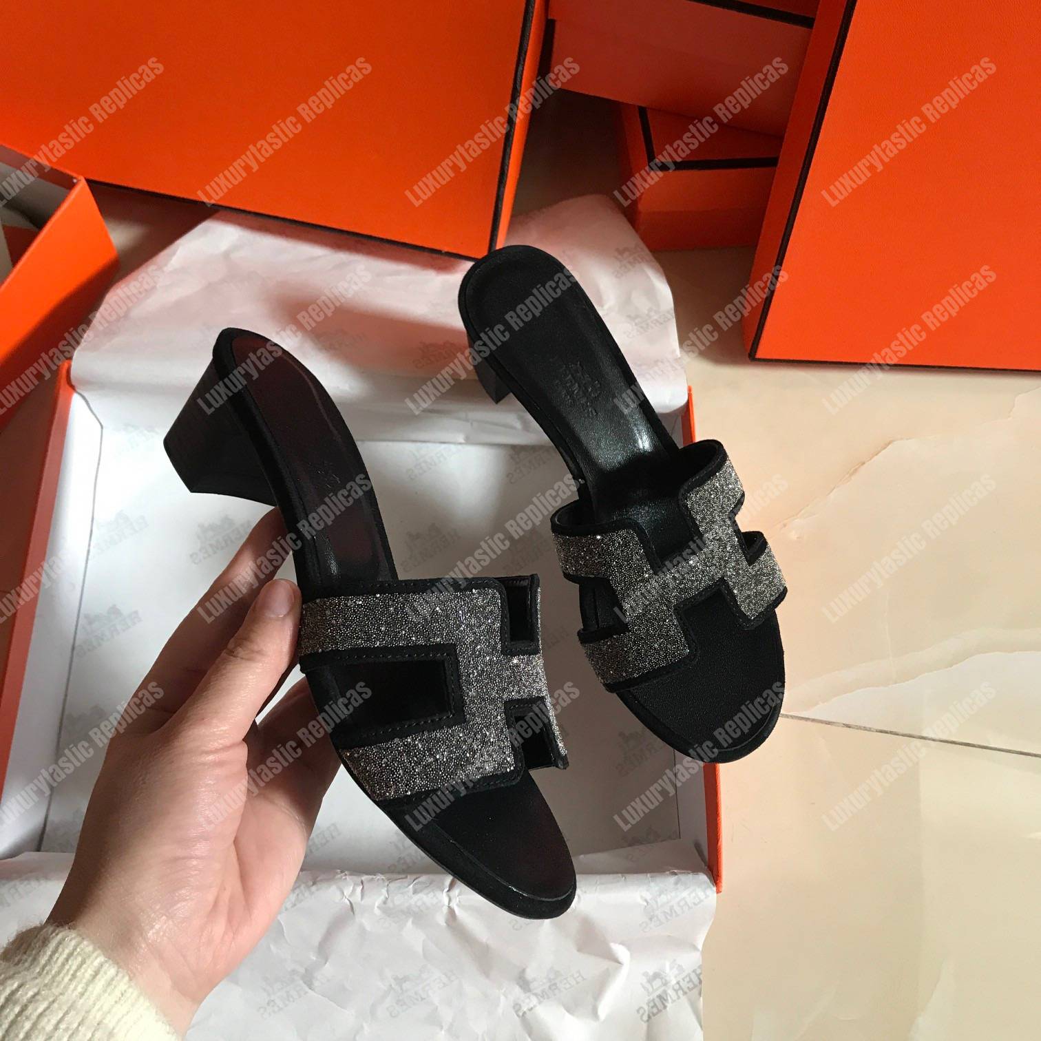 H**mes oran sandal suede goatskin black