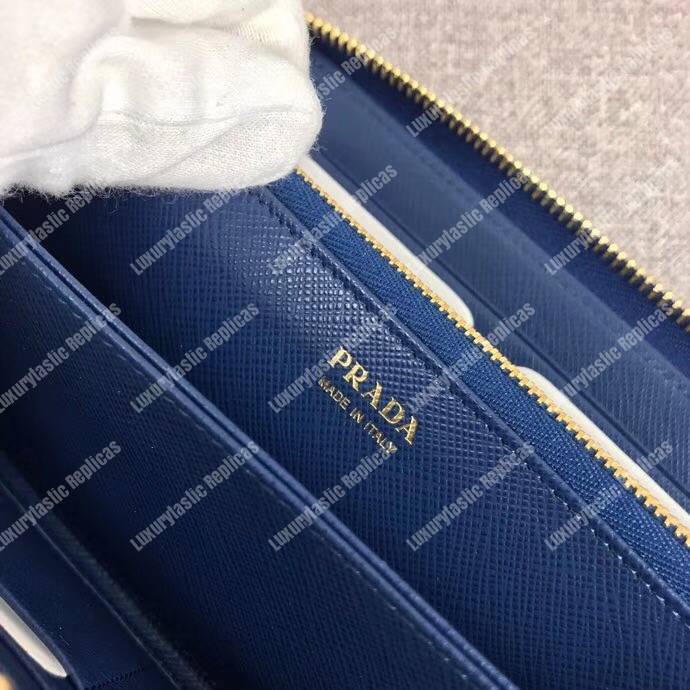 Pra*a large saffiano leather wallet blue gold hardware