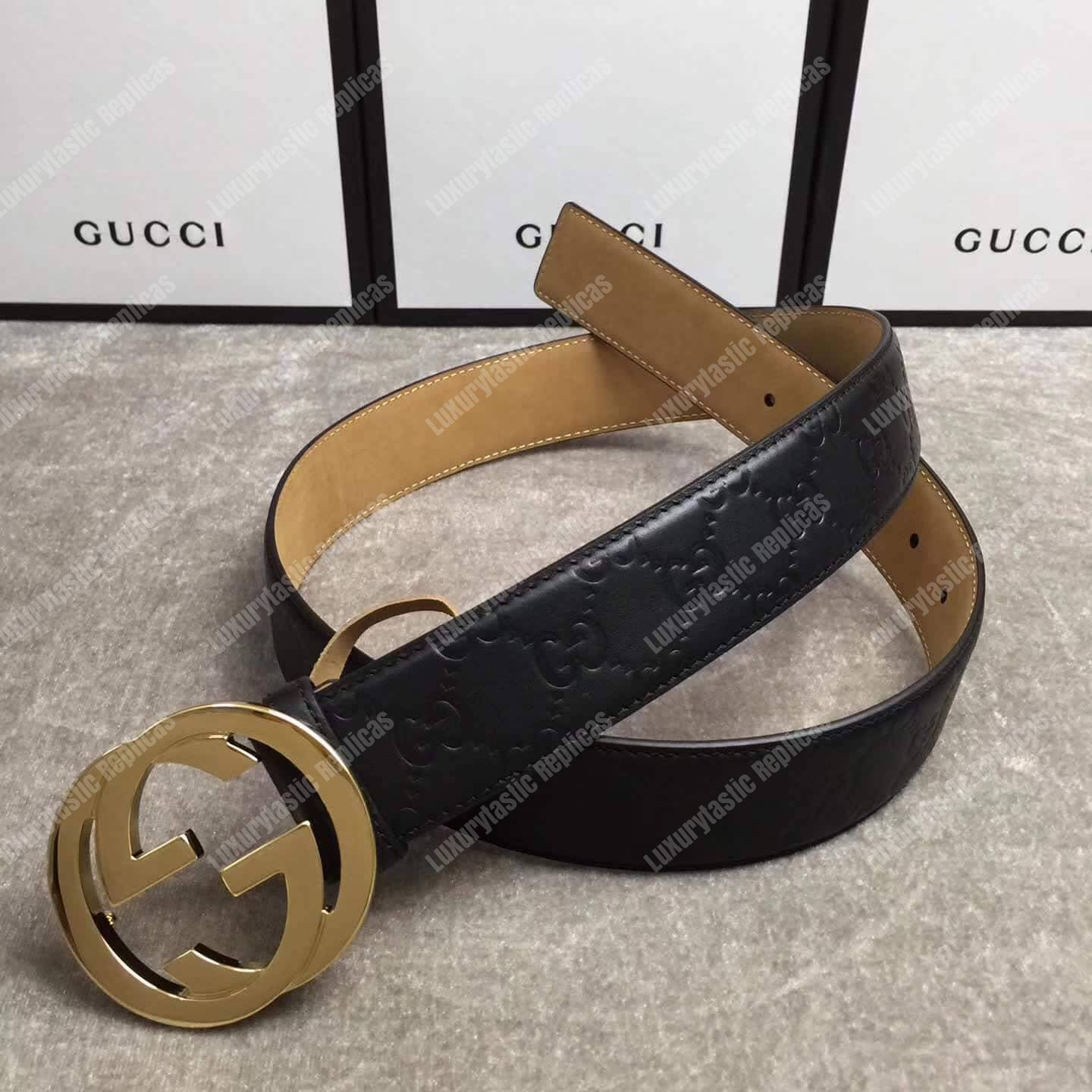 G*u*i signature leather belt with gold interlocking g buckle