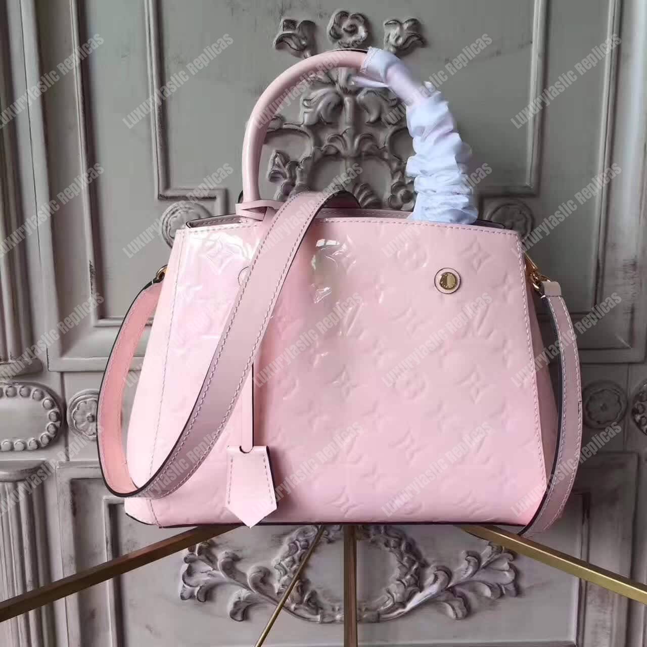 LV Montaigne BB Tote Bag Monogram Vernis Rose Ballerine