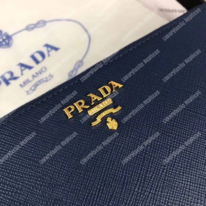 Pra*a large saffiano leather wallet blue gold hardware