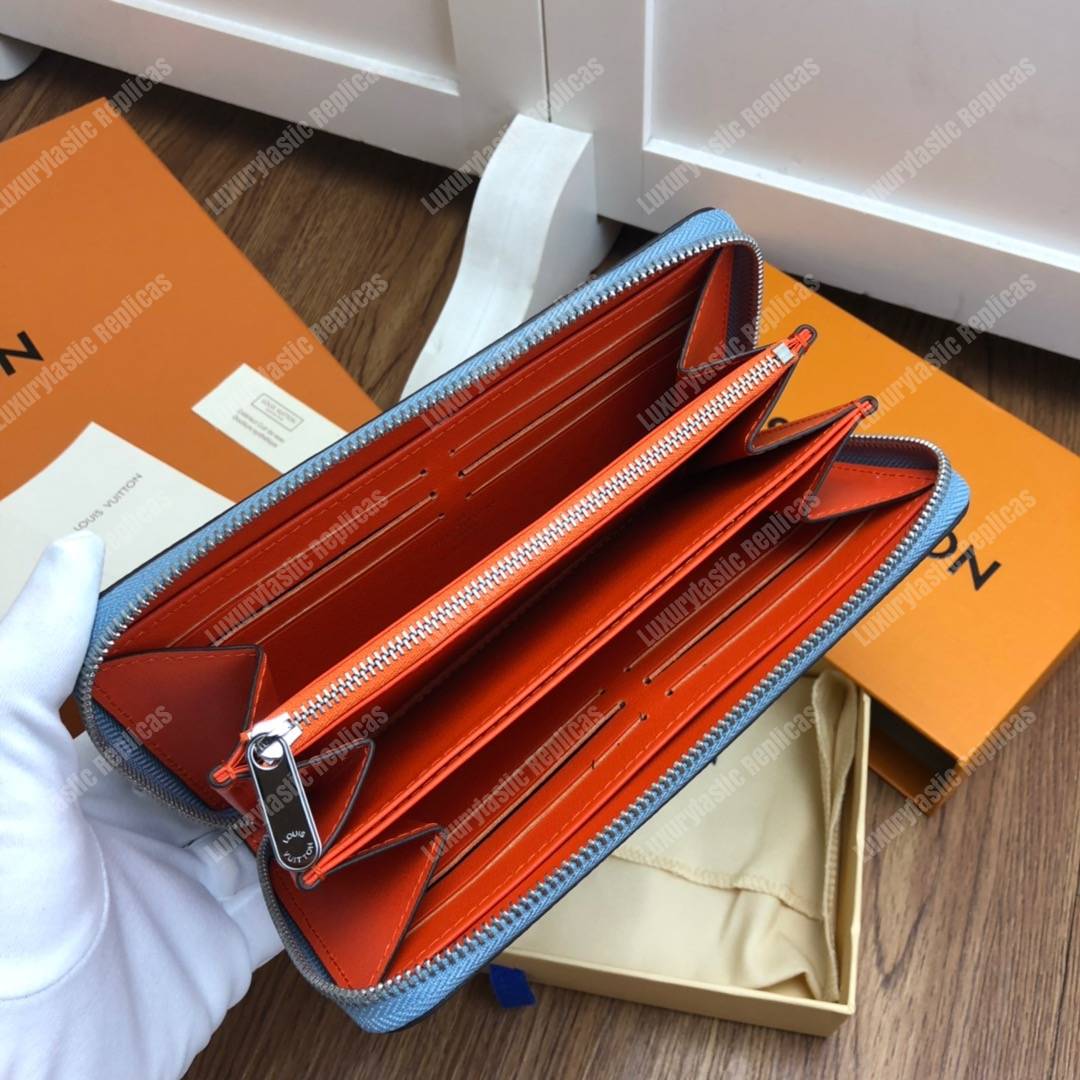 LV Zippy Wallet Mahina Leather Bleu Horizon Pumpkin
