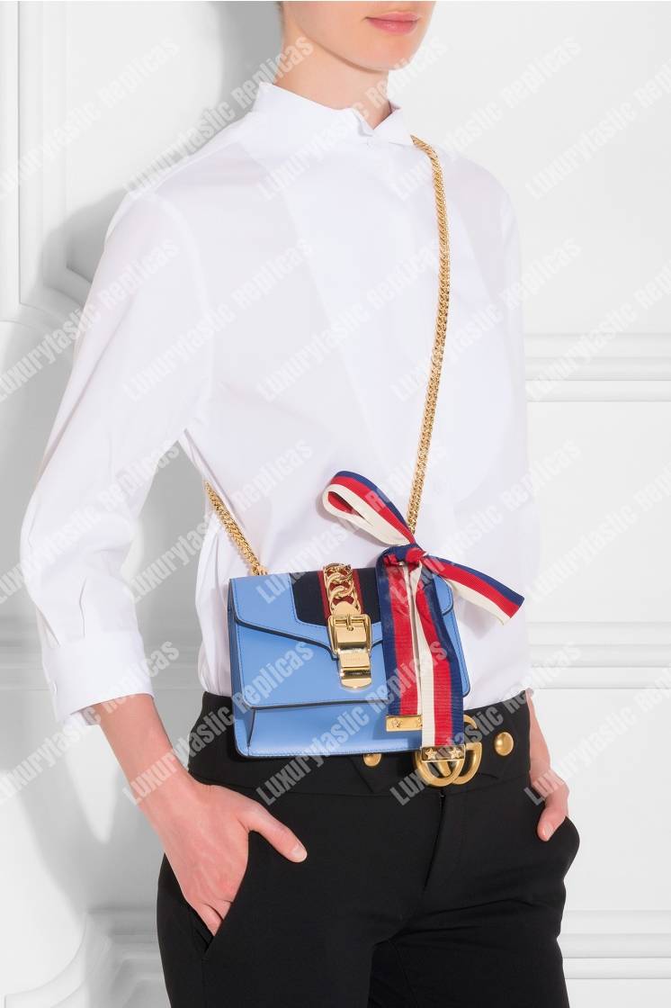 G*u*i sylvie leather mini chain bag light blue