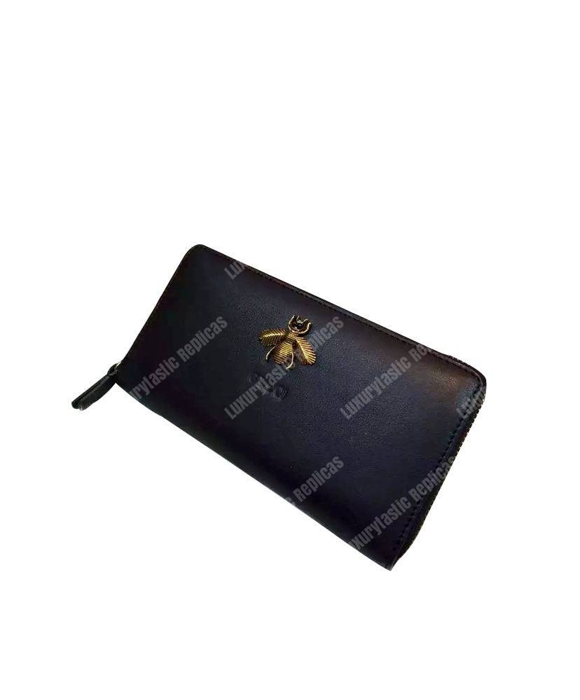 G*u*i bee embroidered zip around wallet black