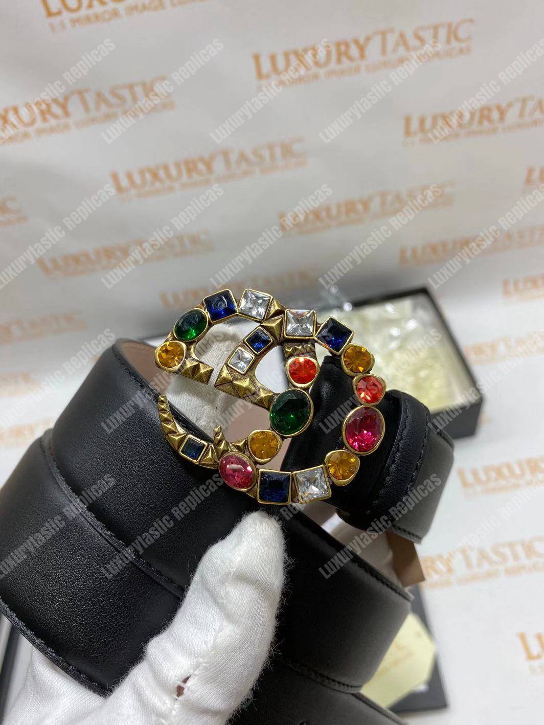 G*u*i leather belt with crystal double g buckle