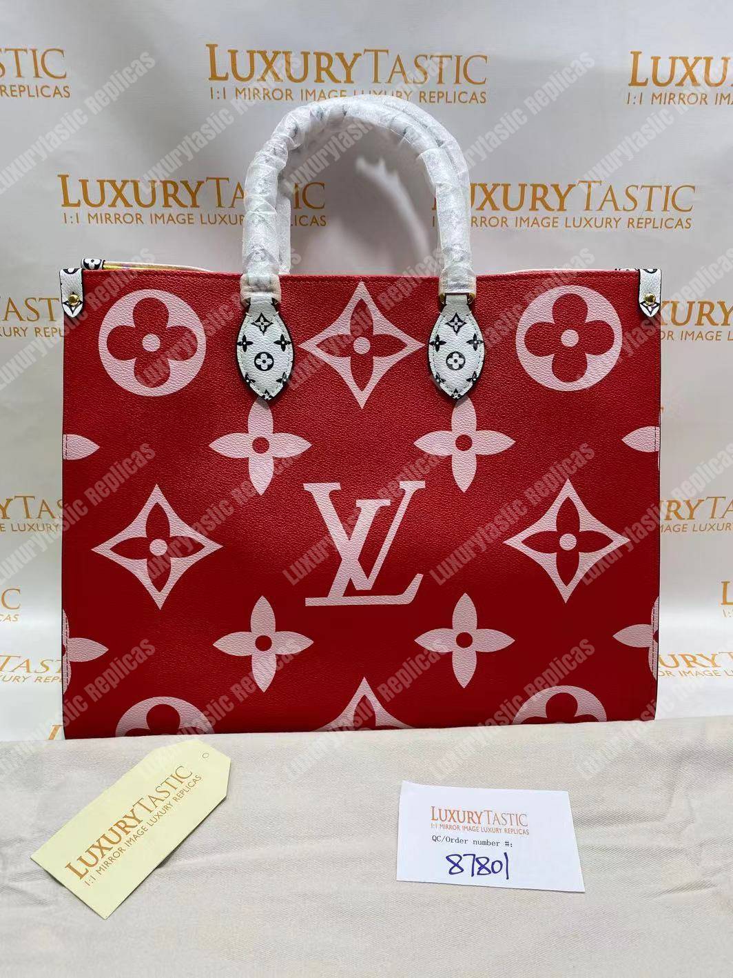 LV Onthego Monogram Toron Handle Rouge Tote Bag GM
