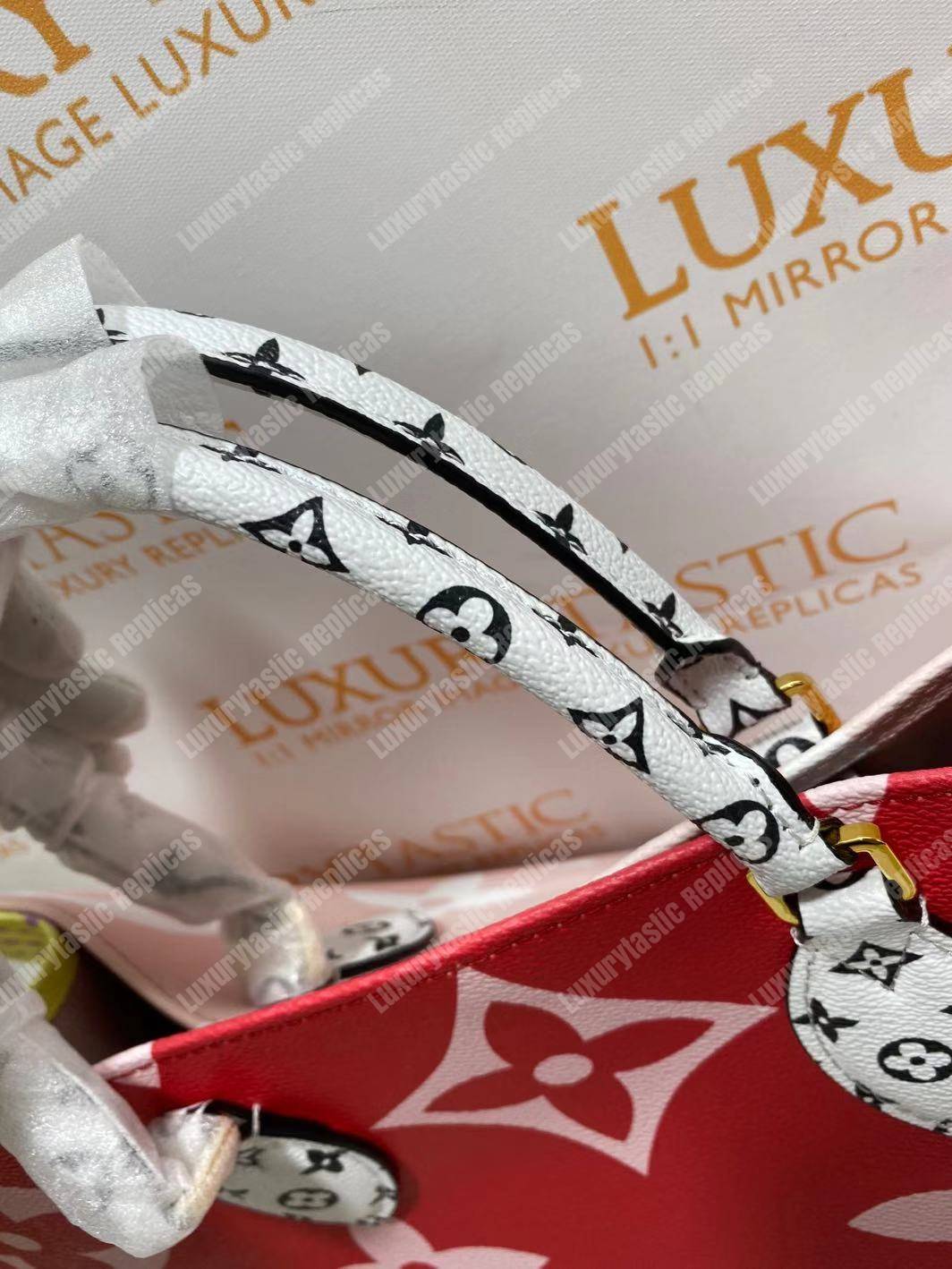 LV Onthego Monogram Toron Handle Rouge Tote Bag GM