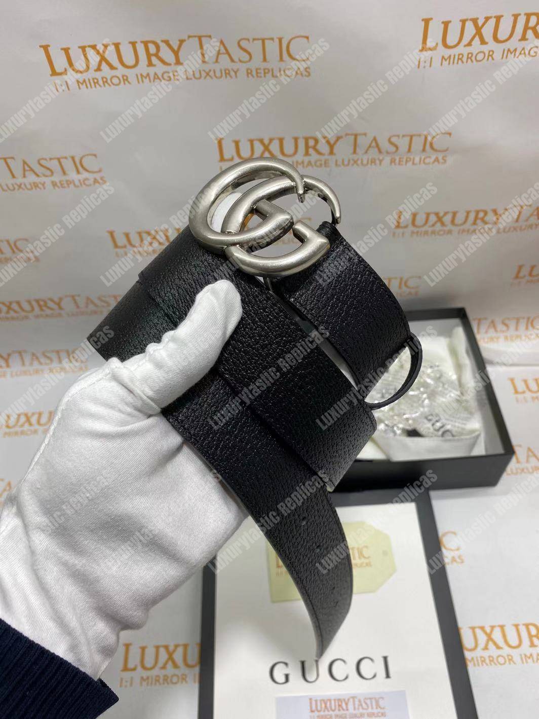 G*u*i leather belt with silver double g buckle