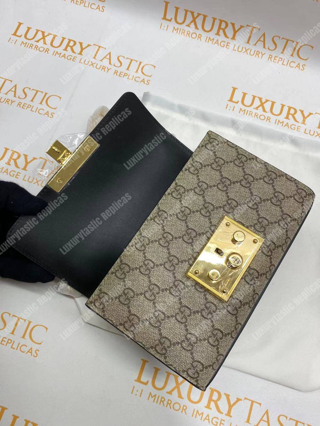 G*u*i padlock small gg sup*e canvas shoulder bag black/brown