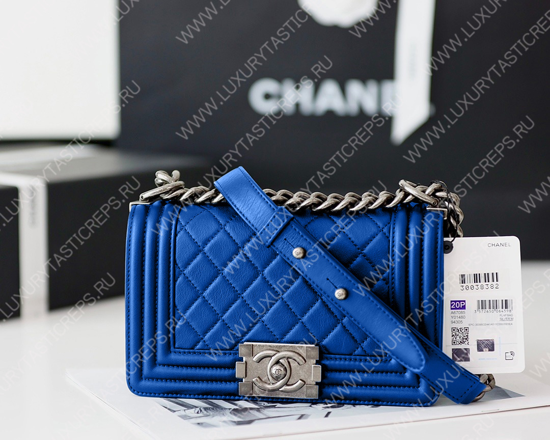 Ch*el boy handbag blue metallic a67085