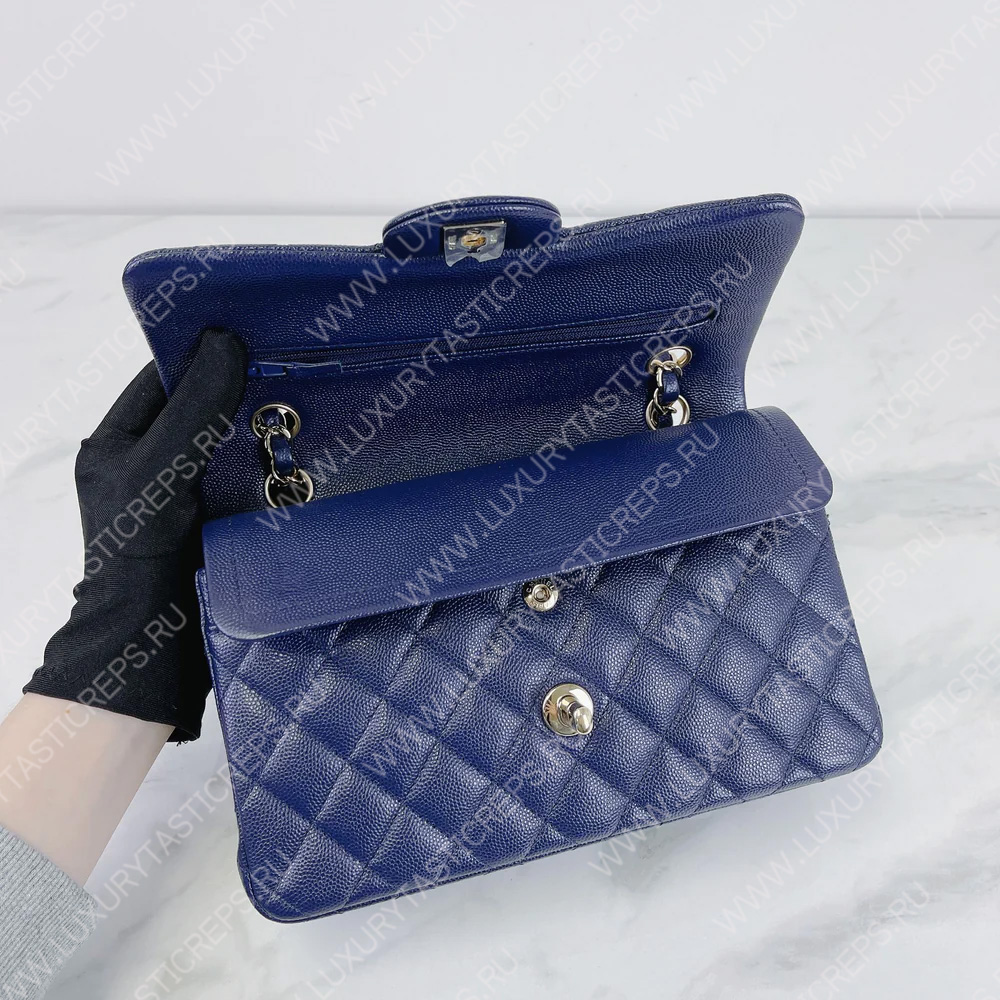 Ch*el classic flap bag dark blue a58600
