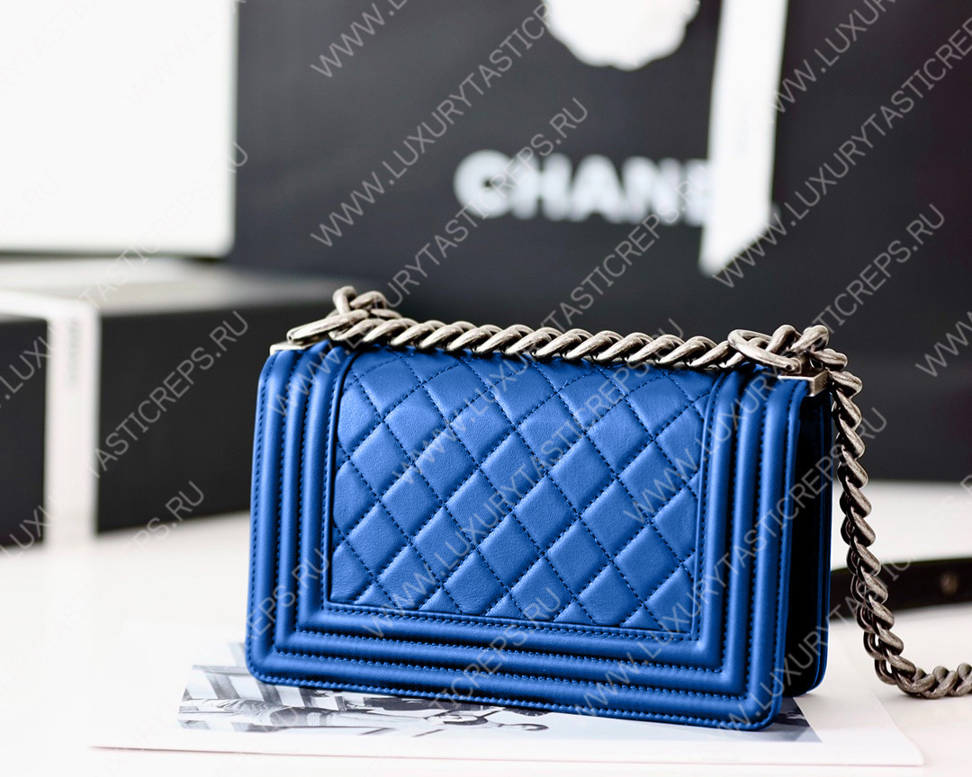 Ch*el boy handbag blue metallic a67085
