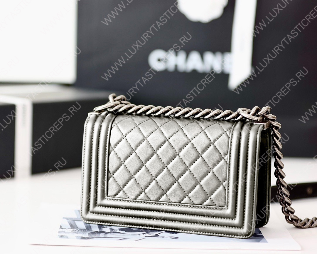 Ch*el boy handbag silver metallic a67085