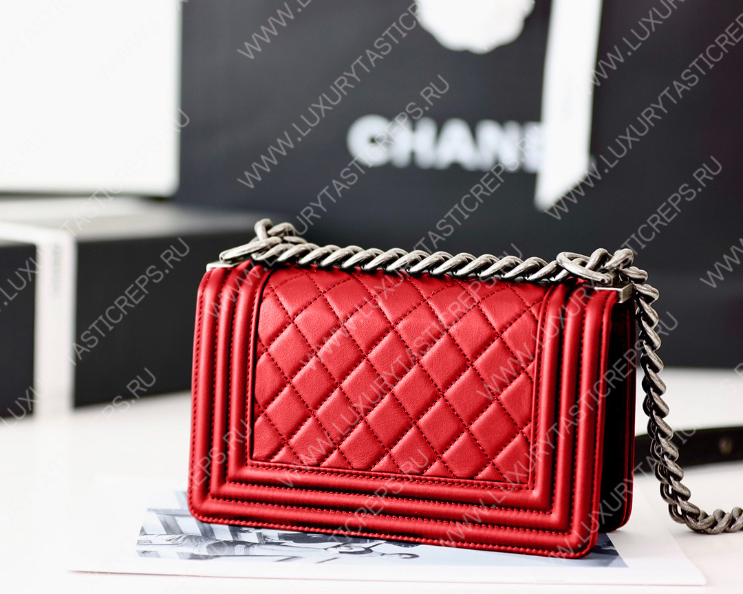 Ch*el boy handbag red metallic a67085