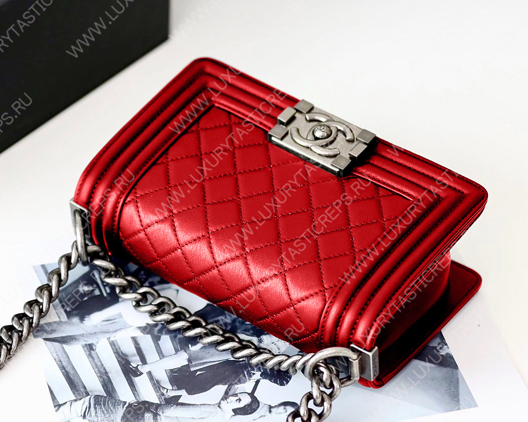 Ch*el boy handbag red metallic a67085