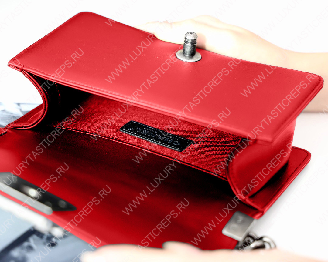 Ch*el boy handbag red metallic a67085
