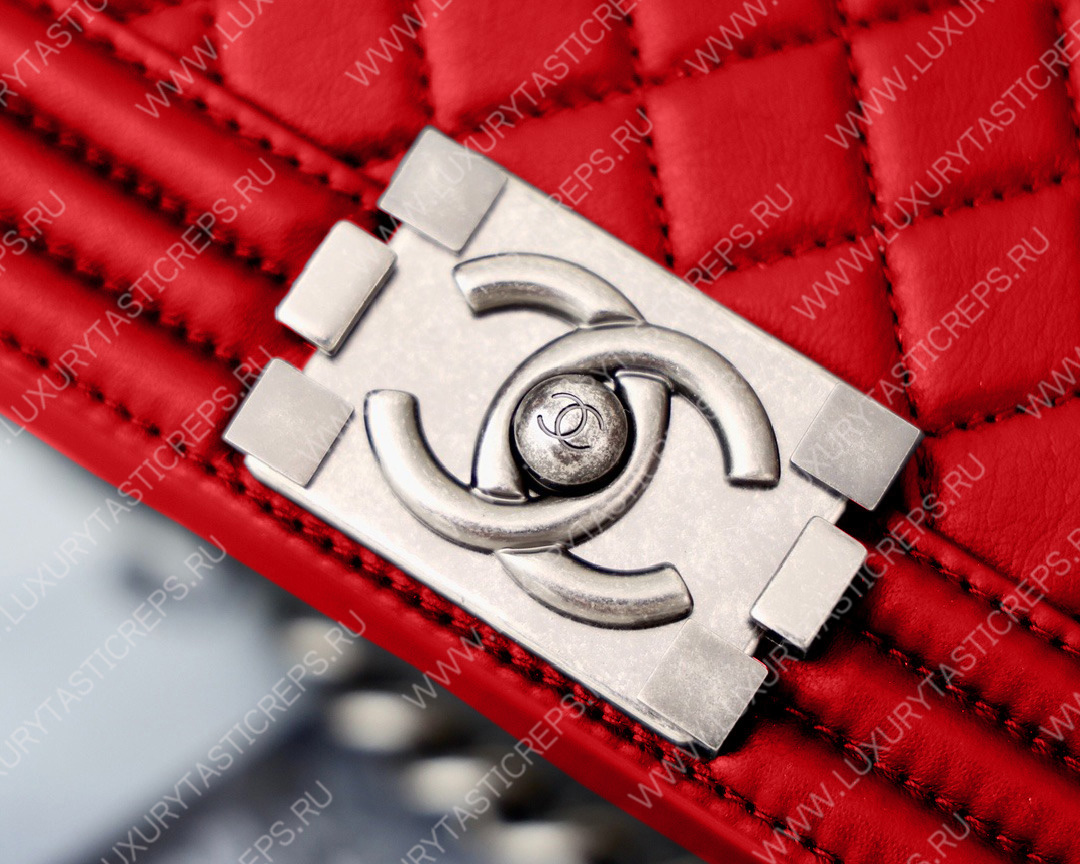 Ch*el boy handbag red metallic a67085