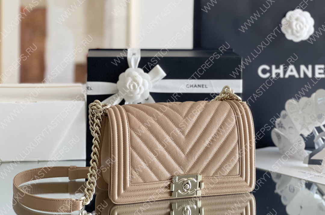 Caviar Chevron Quilted Medium Boy Flap Dark Beige