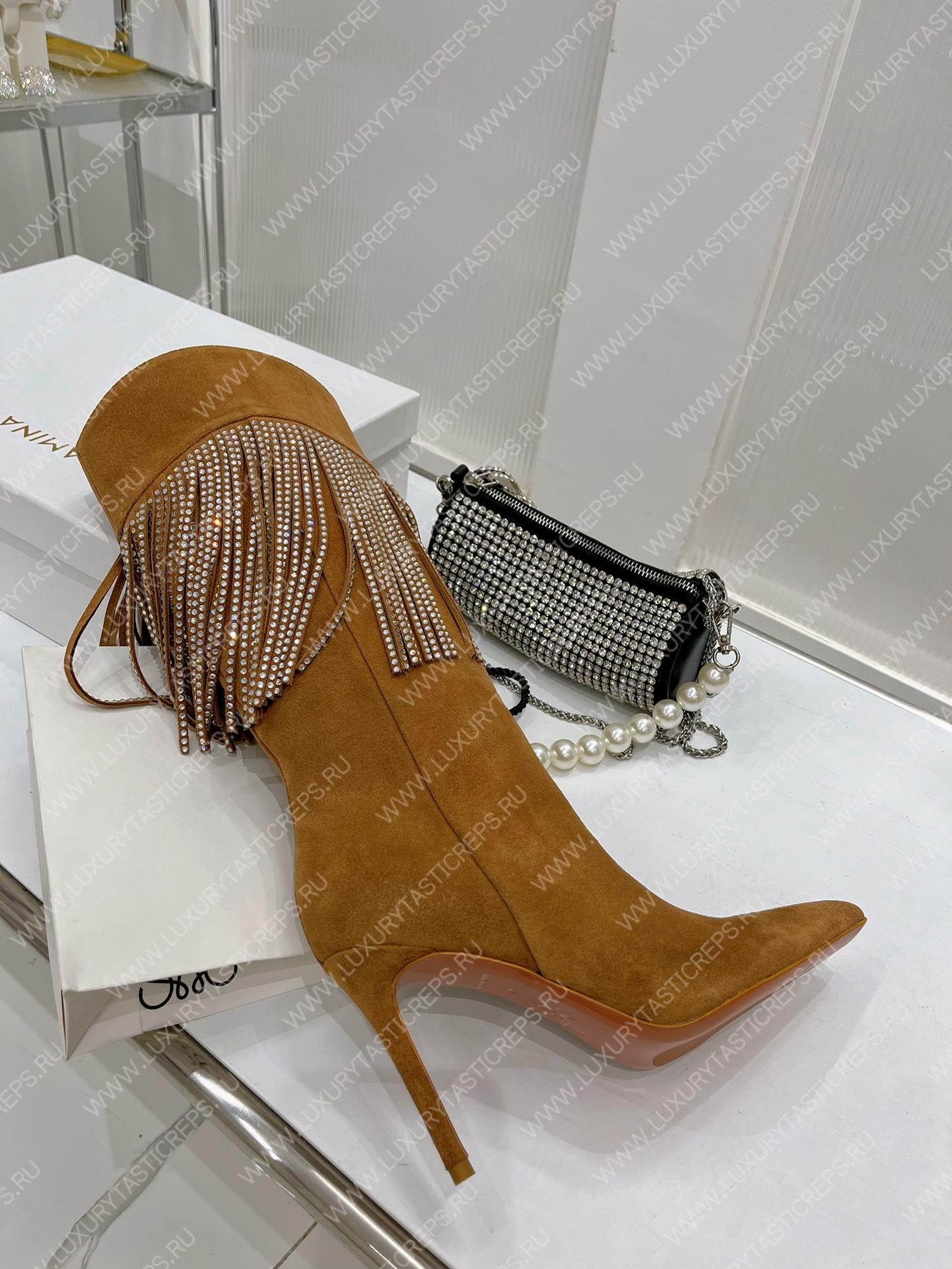 AMINA MUADDI LILY CRYSTAL-FRINGE CALF BOOTS BROWN AM5020