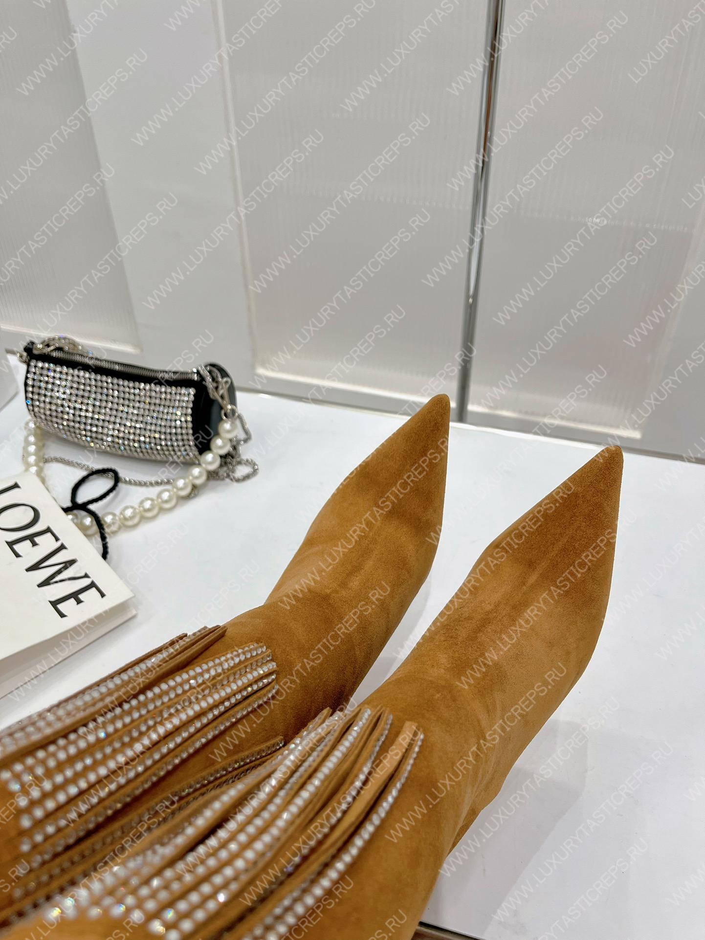 AMINA MUADDI LILY CRYSTAL-FRINGE CALF BOOTS BROWN AM5020