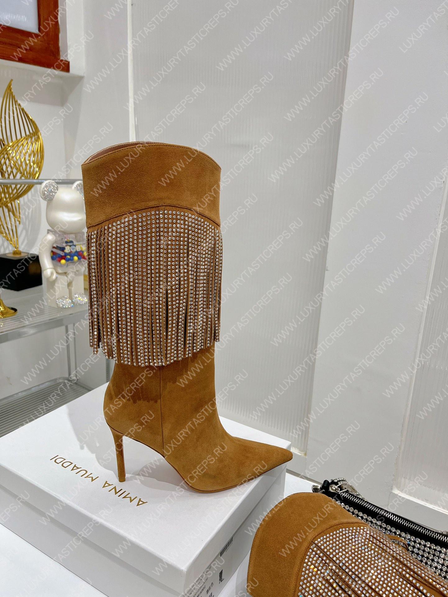 AMINA MUADDI LILY CRYSTAL-FRINGE CALF BOOTS BROWN AM5020