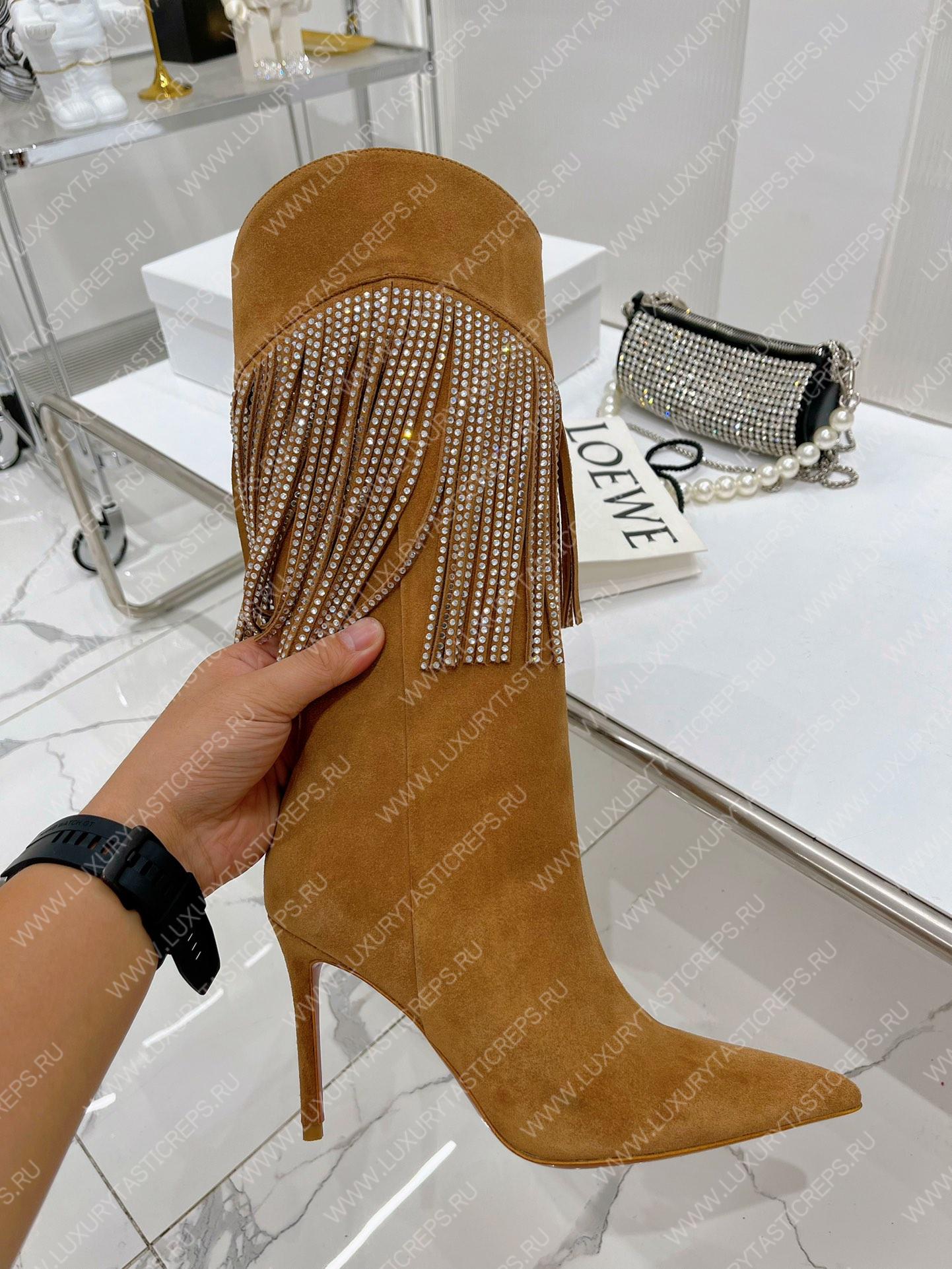 AMINA MUADDI LILY CRYSTAL-FRINGE CALF BOOTS BROWN AM5020