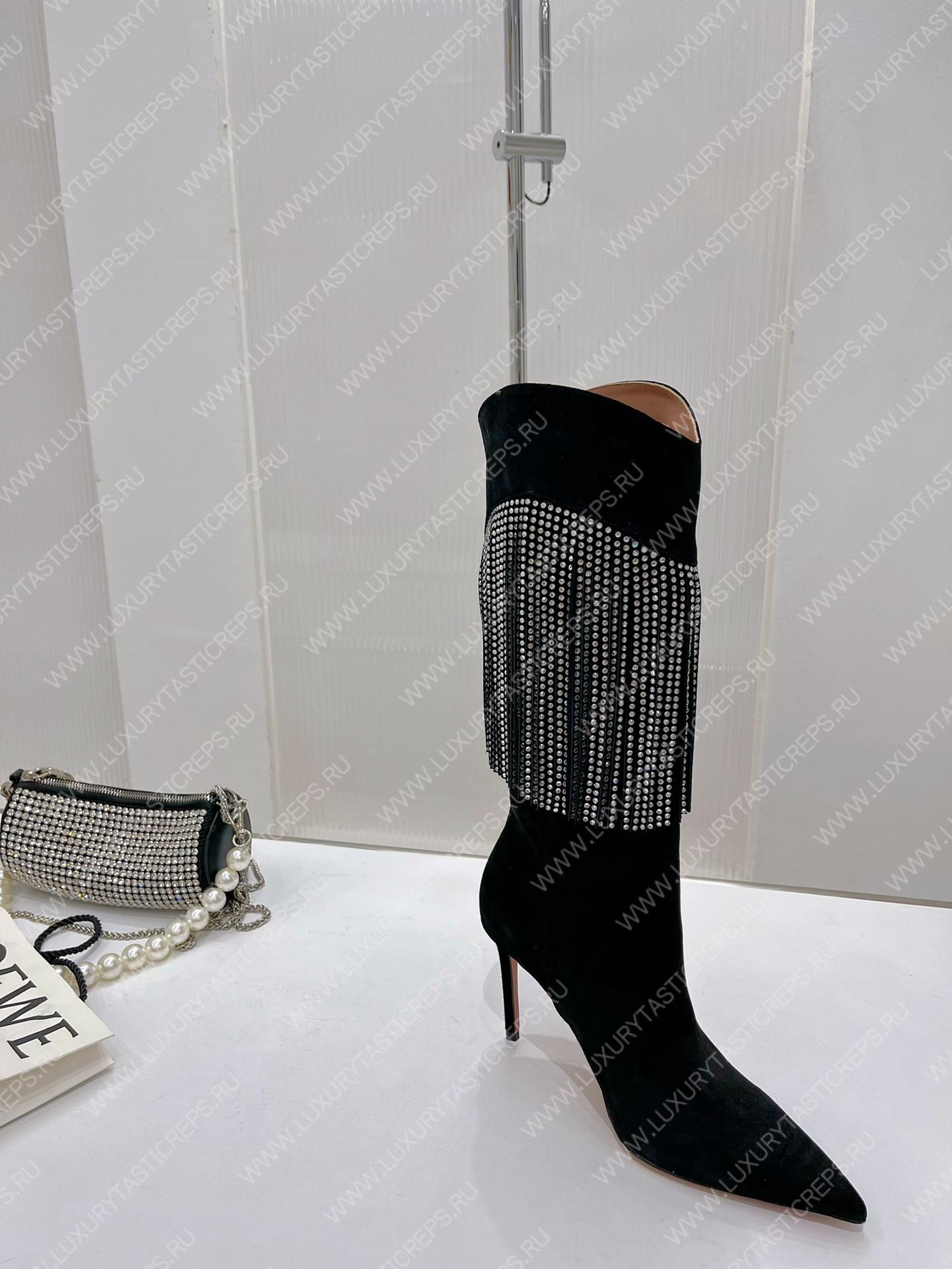 AMINA MUADDI LILY CRYSTAL-FRINGE CALF BOOTS BLACK AM5020