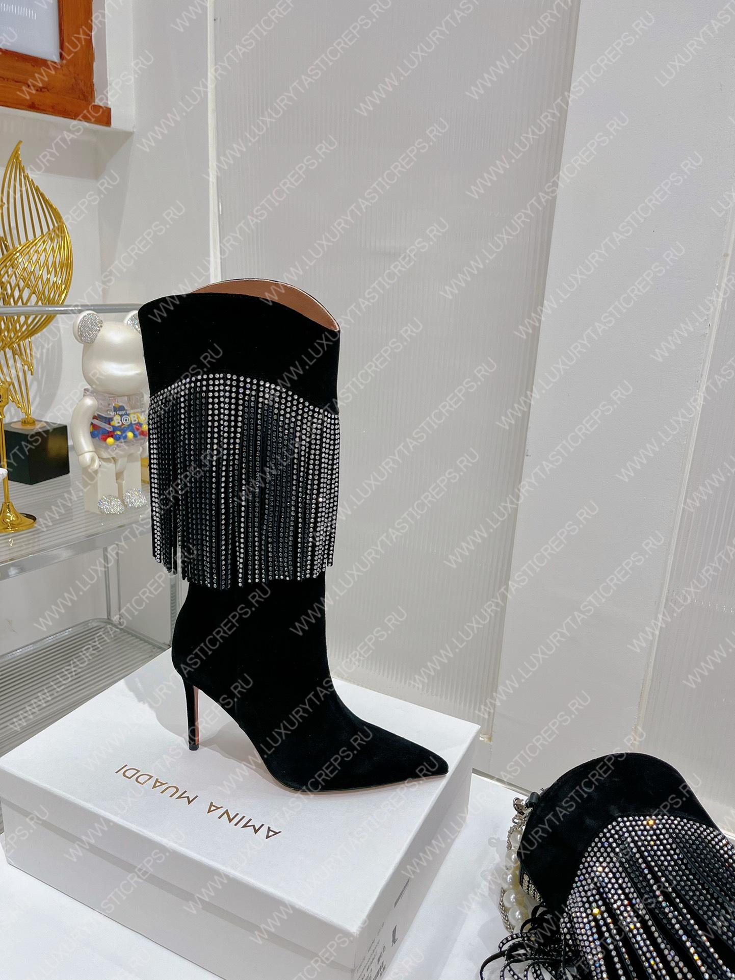 AMINA MUADDI LILY CRYSTAL-FRINGE CALF BOOTS BLACK AM5020