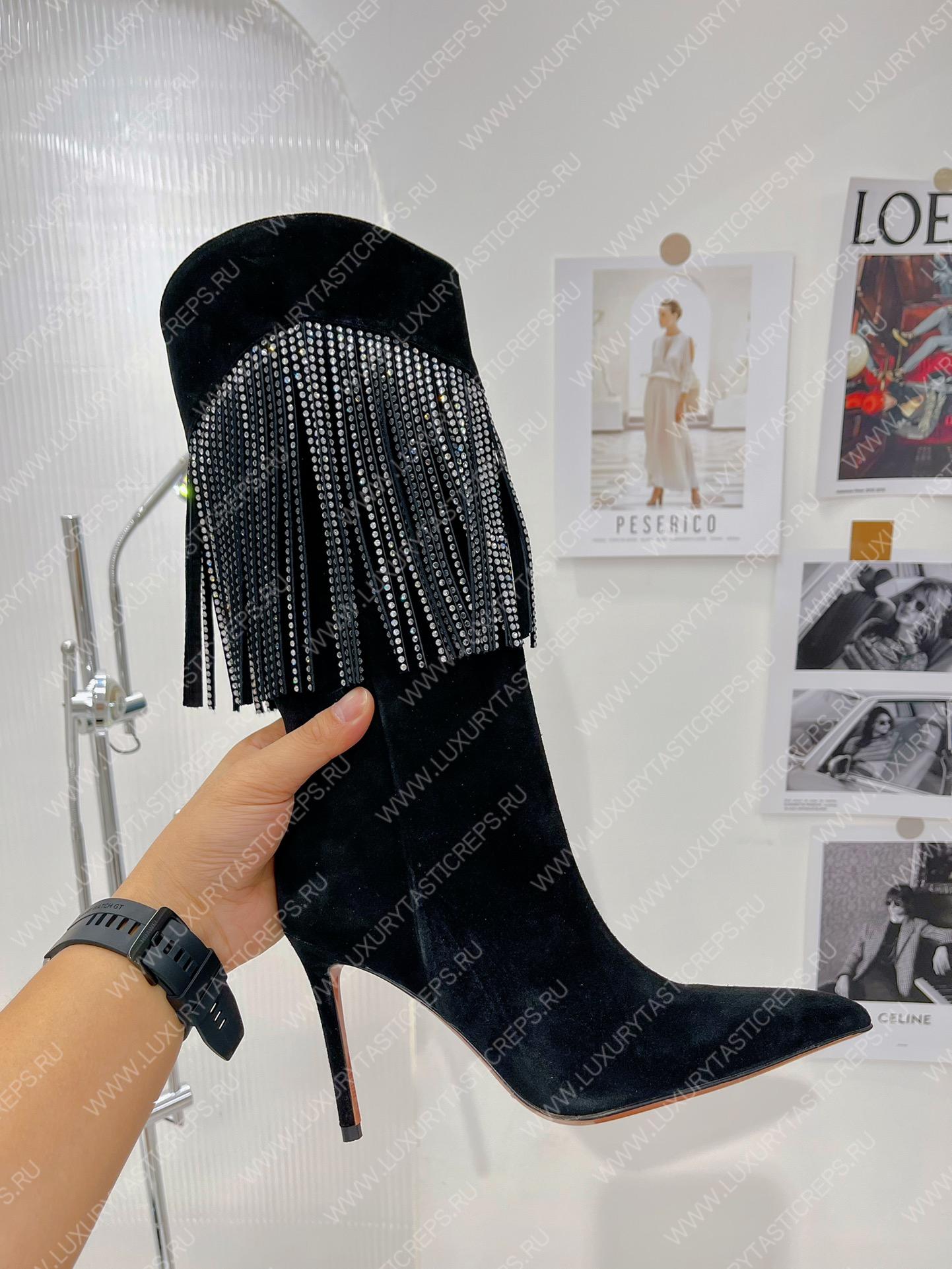 AMINA MUADDI LILY CRYSTAL-FRINGE CALF BOOTS BLACK AM5020