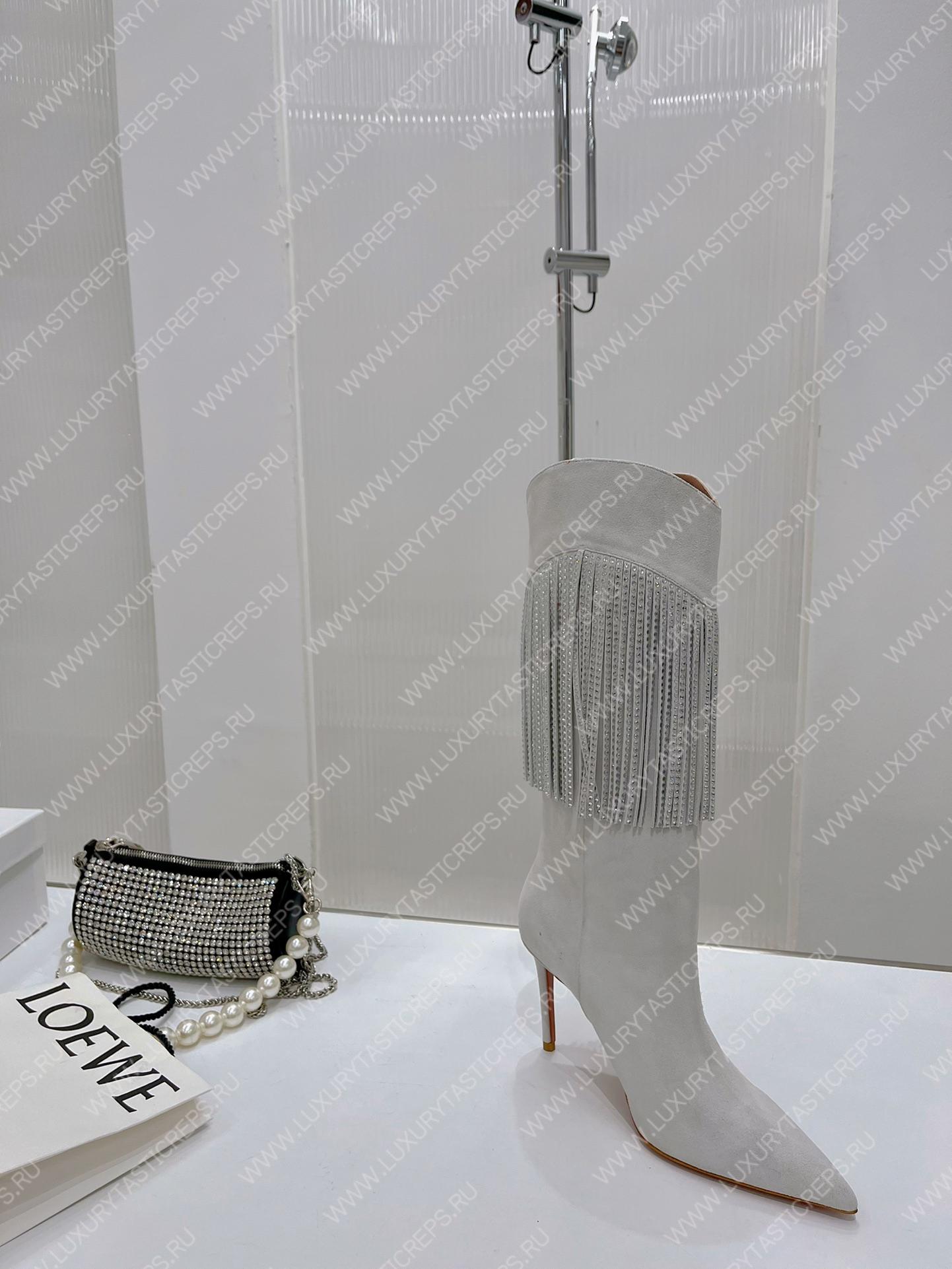 AMINA MUADDI LILY CRYSTAL-FRINGE CALF BOOTS WHITE AM5020