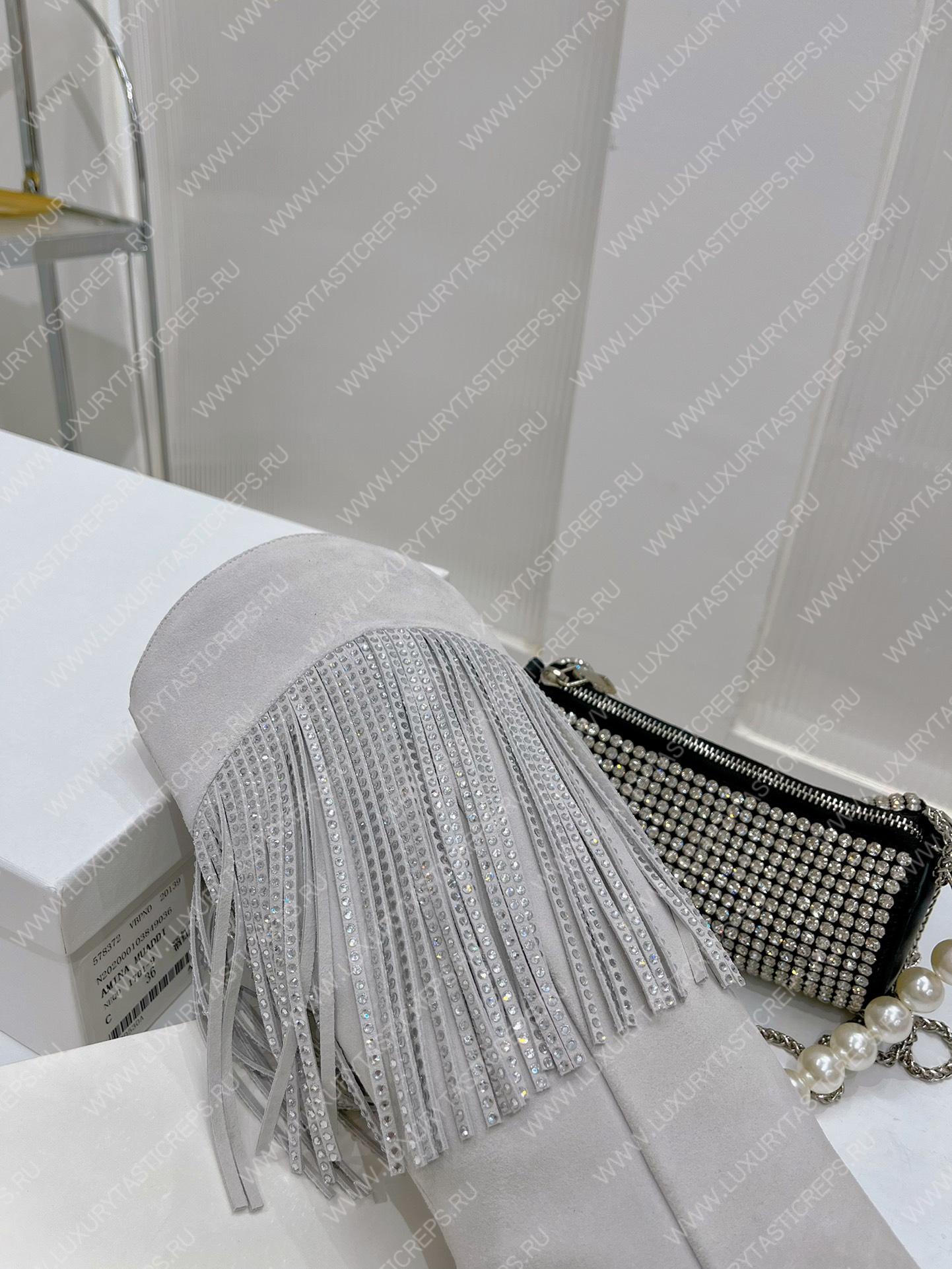 AMINA MUADDI LILY CRYSTAL-FRINGE CALF BOOTS WHITE AM5020