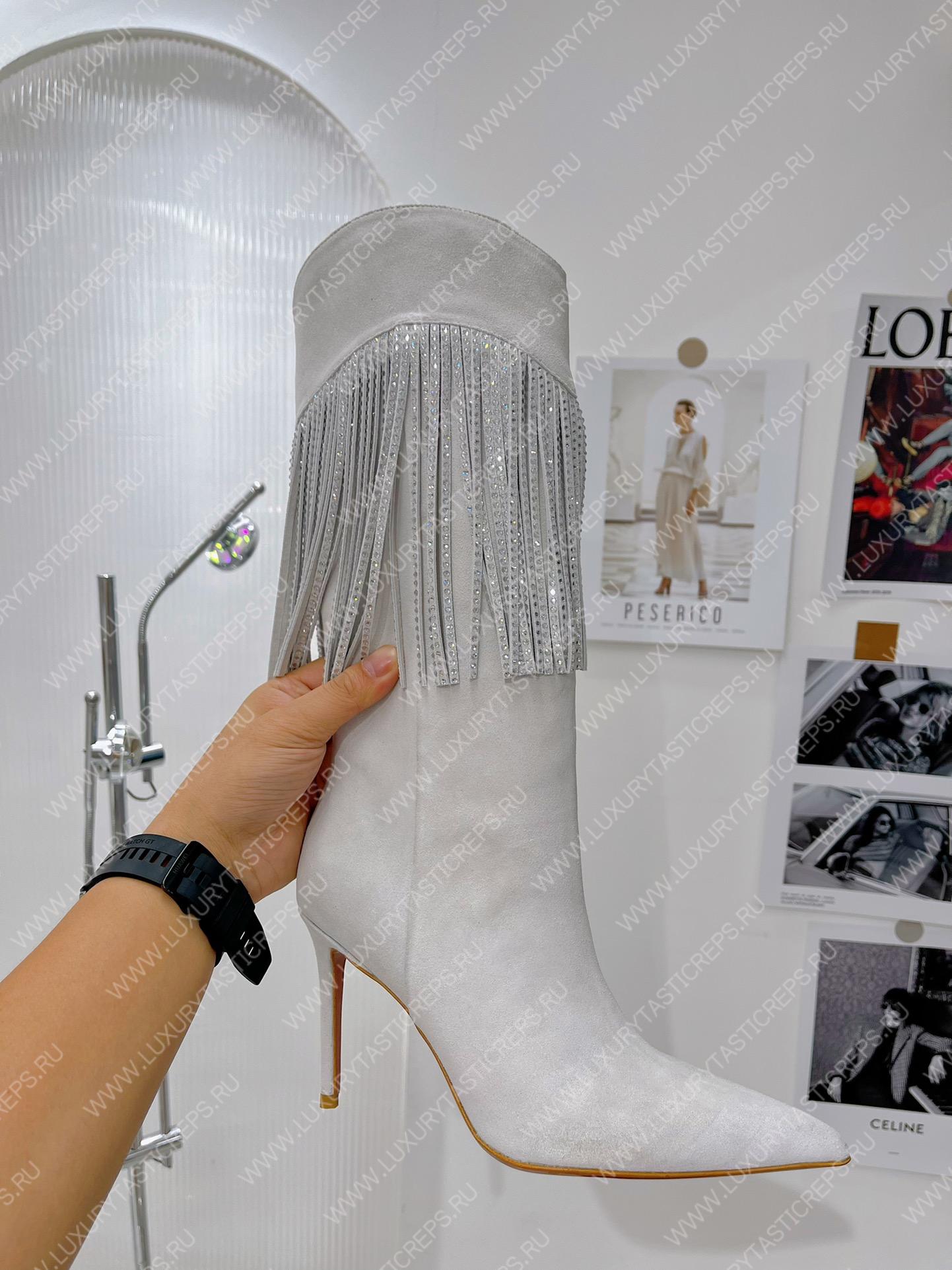 AMINA MUADDI LILY CRYSTAL-FRINGE CALF BOOTS WHITE AM5020