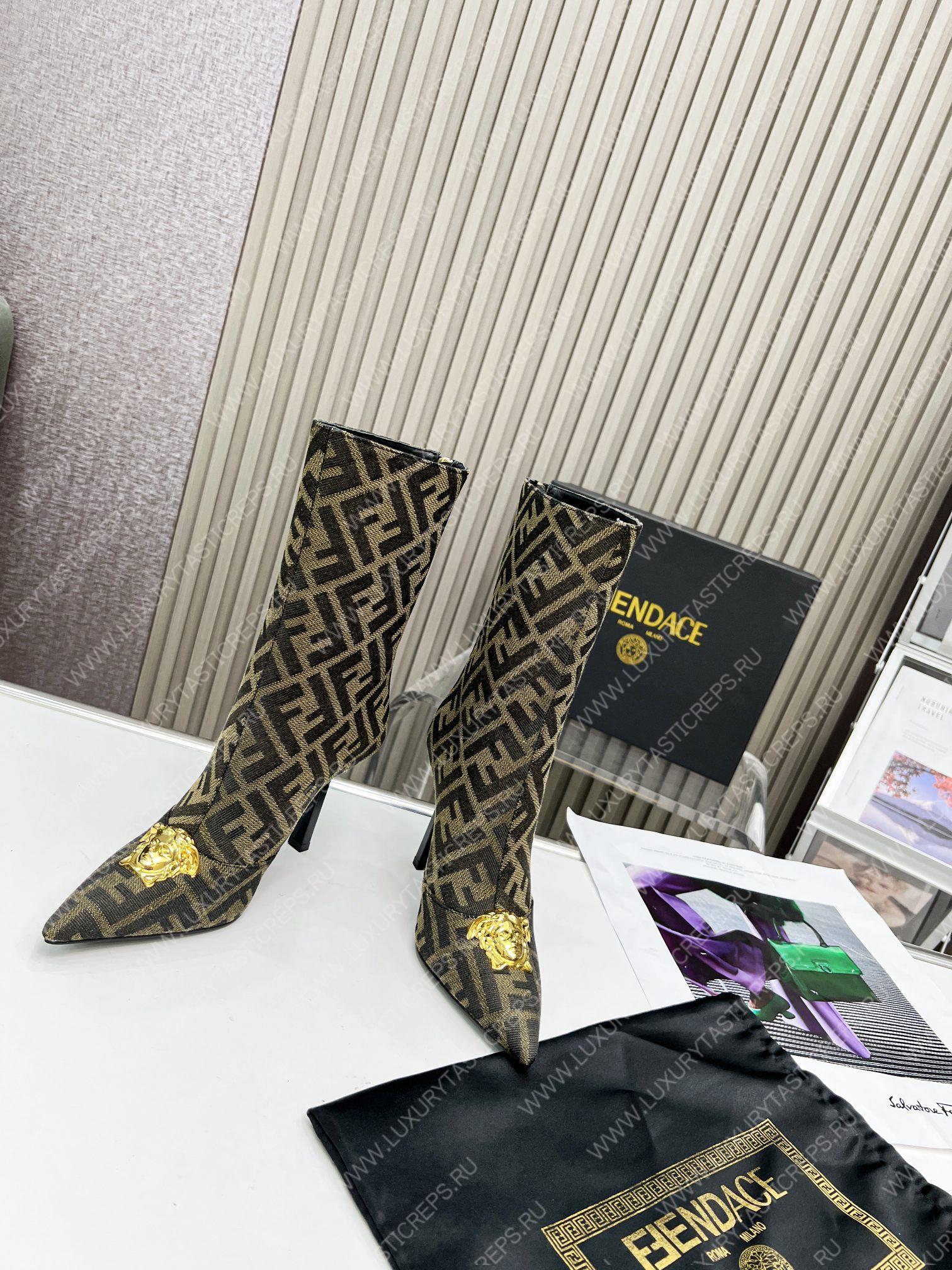 VERSACE FENDACE FF JACQUARD BOOTS BEIGE AND BROWN 1004496