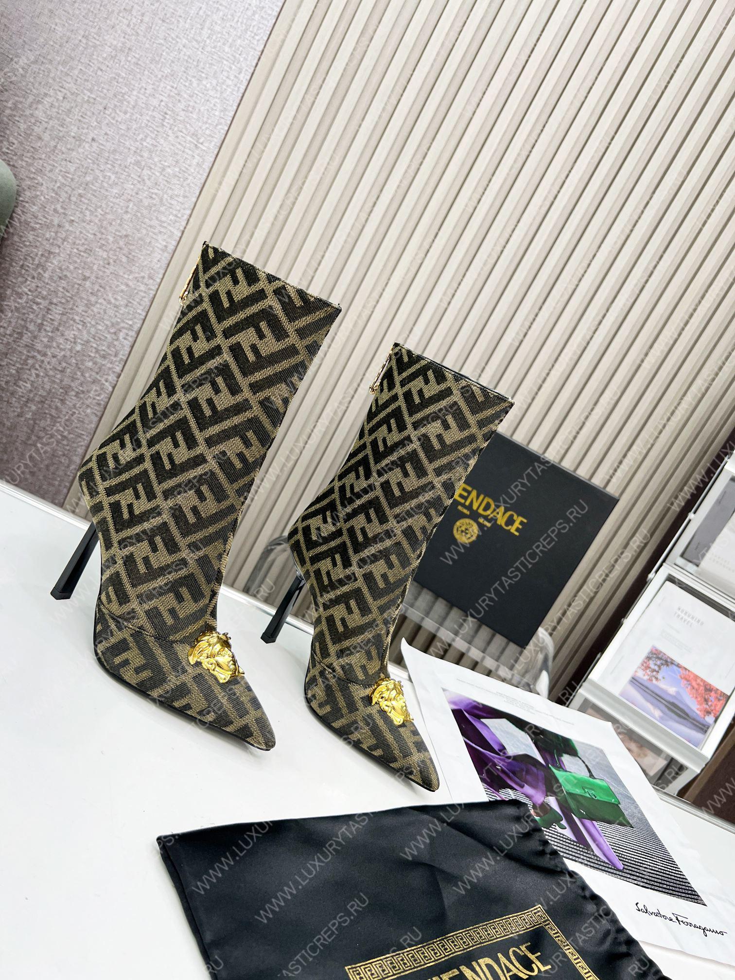 VERSACE FENDACE FF JACQUARD BOOTS BEIGE AND BROWN 1004496