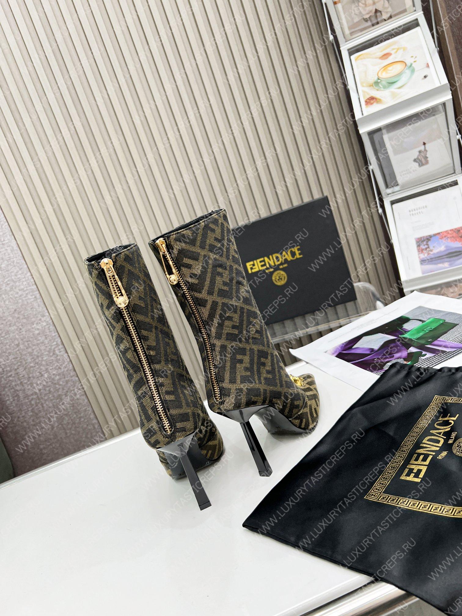 VERSACE FENDACE FF JACQUARD BOOTS BEIGE AND BROWN 1004496