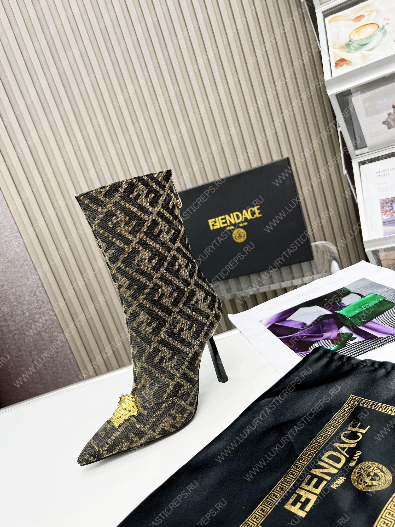 VERSACE FENDACE FF JACQUARD BOOTS BEIGE AND BROWN 1004496