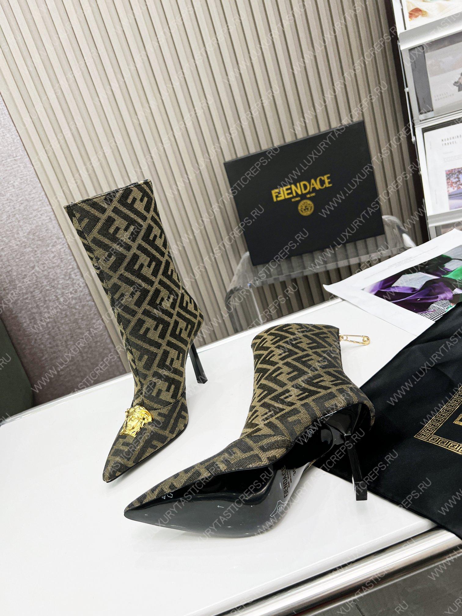 VERSACE FENDACE FF JACQUARD BOOTS BEIGE AND BROWN 1004496