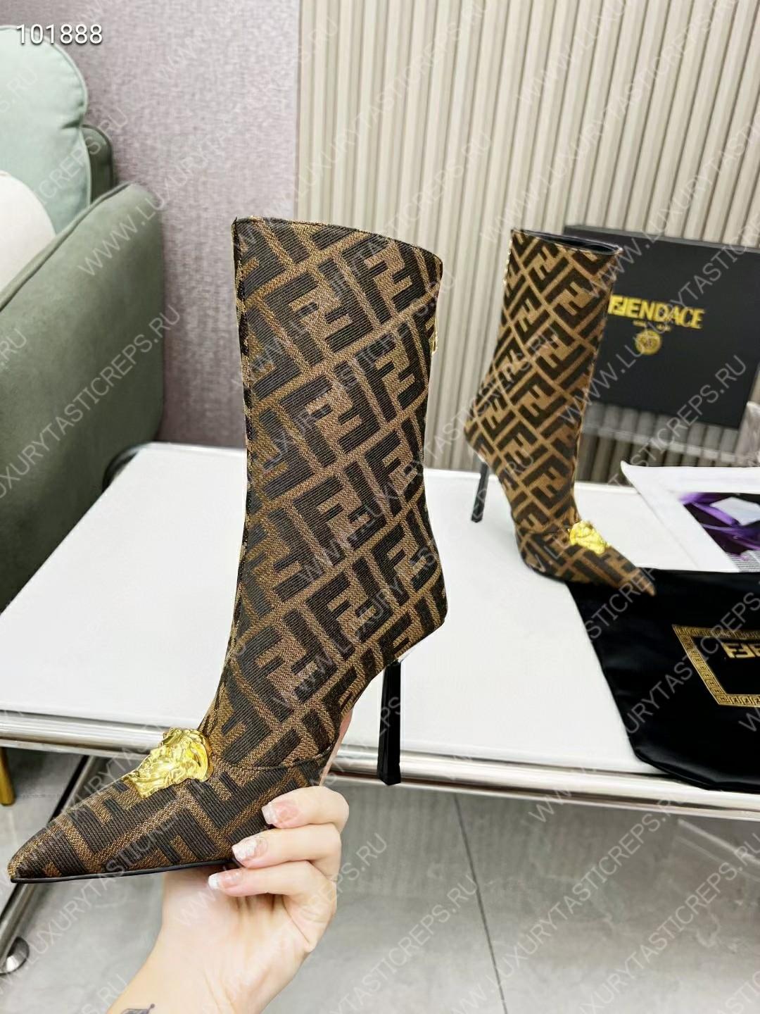 VERSACE FENDACE FF JACQUARD ANKLE BOOTS BROWN 1004496