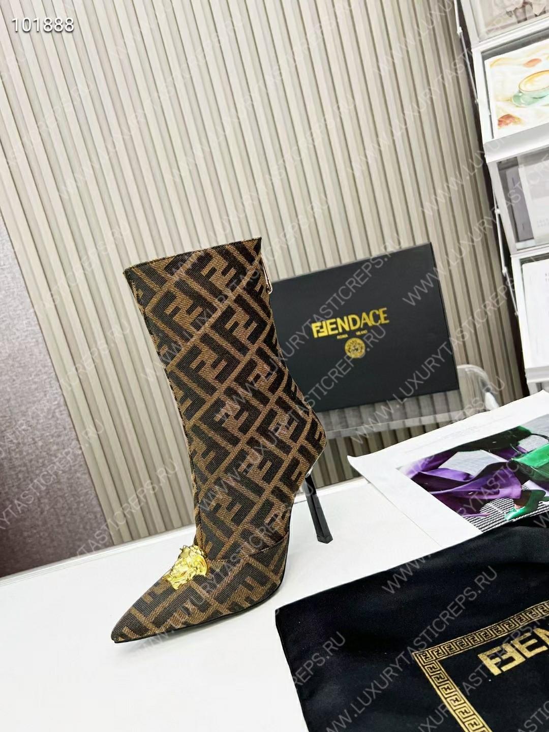 VERSACE FENDACE FF JACQUARD ANKLE BOOTS BROWN 1004496