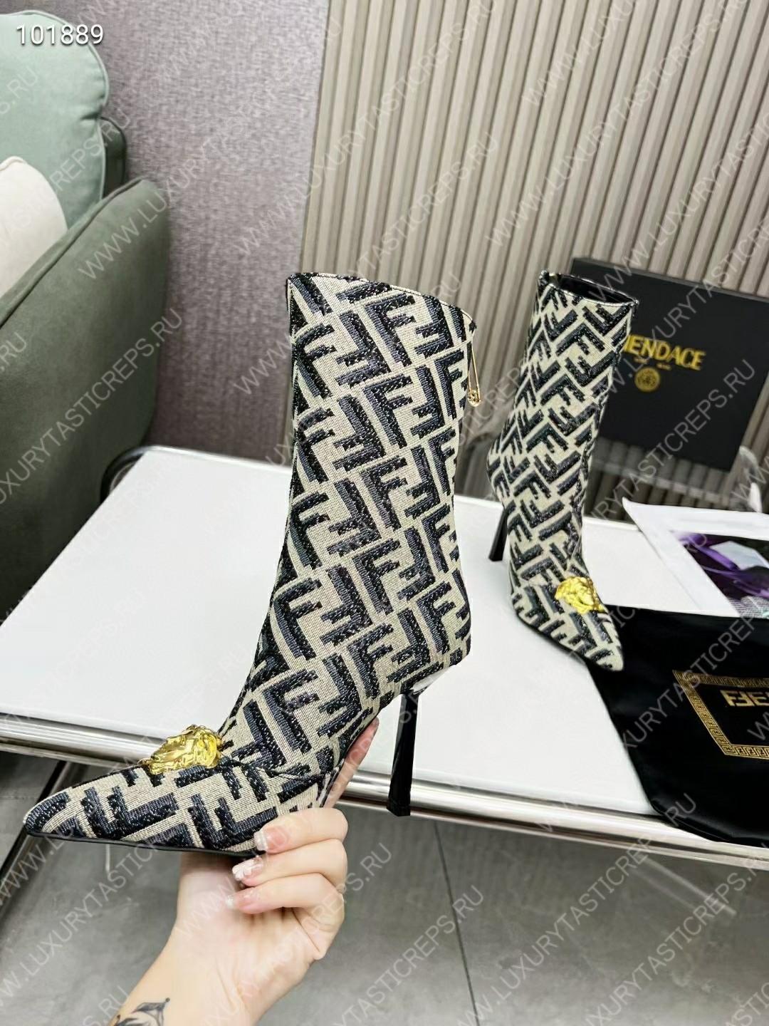 VERSACE FENDACE FF JACQUARD ANKLE BOOTS GREY 1004496