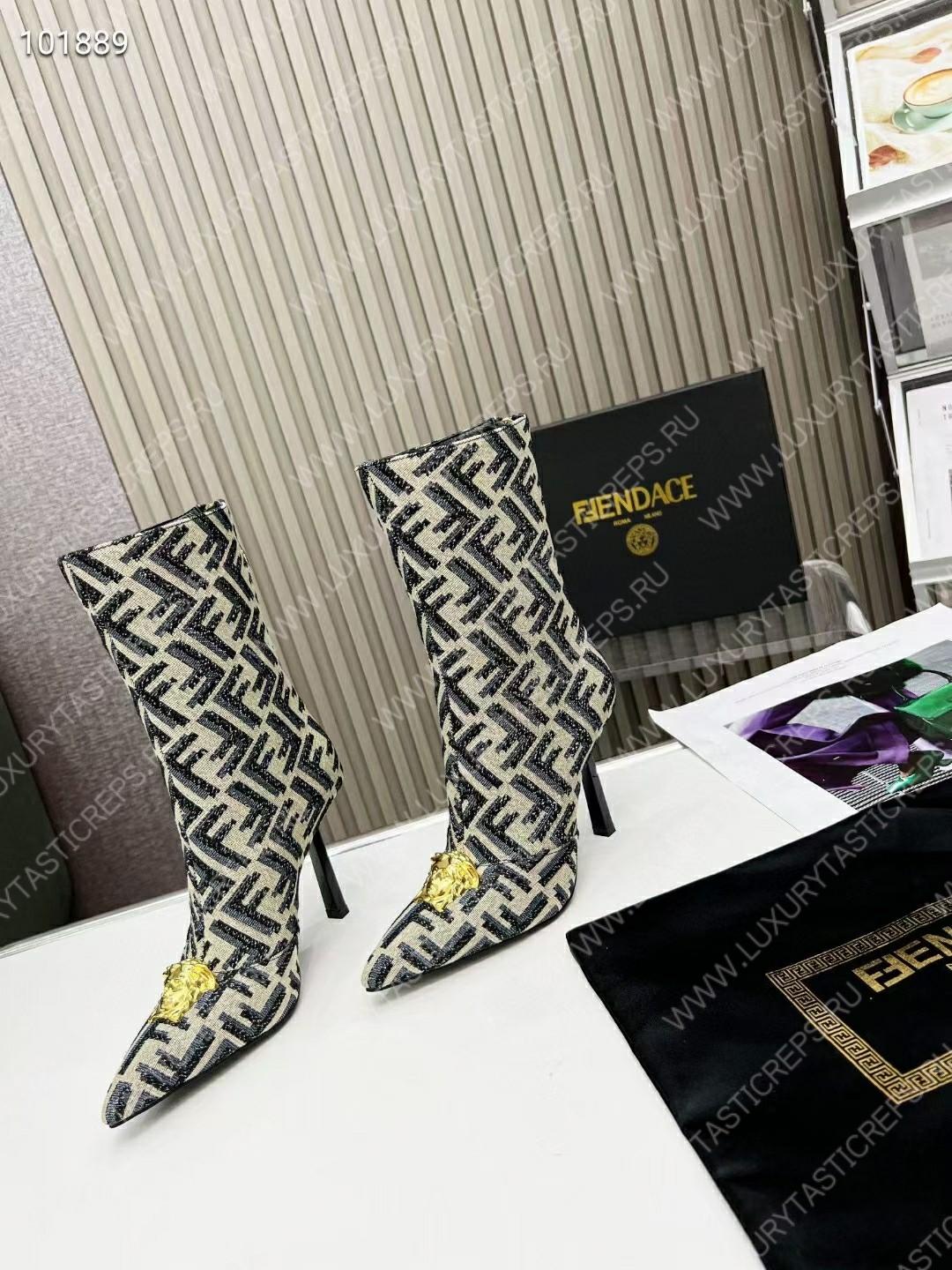 VERSACE FENDACE FF JACQUARD ANKLE BOOTS GREY 1004496