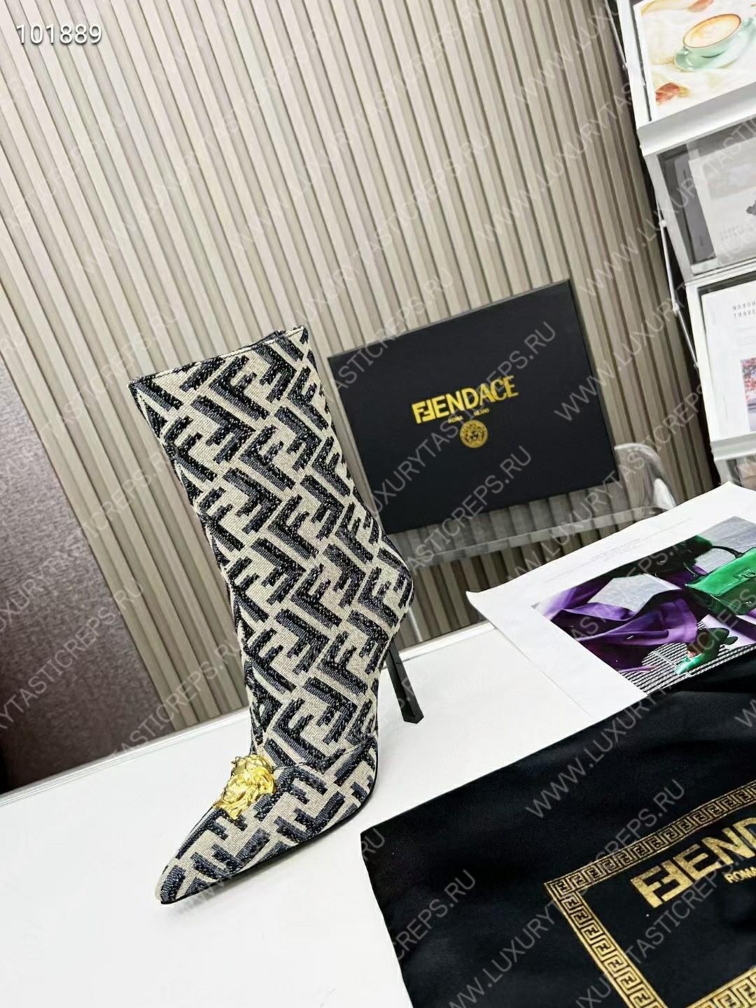 VERSACE FENDACE FF JACQUARD ANKLE BOOTS GREY 1004496